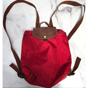Longchamp Backpack Le Pliage Original Red Brown Mini Nylon Leather Travel Bag